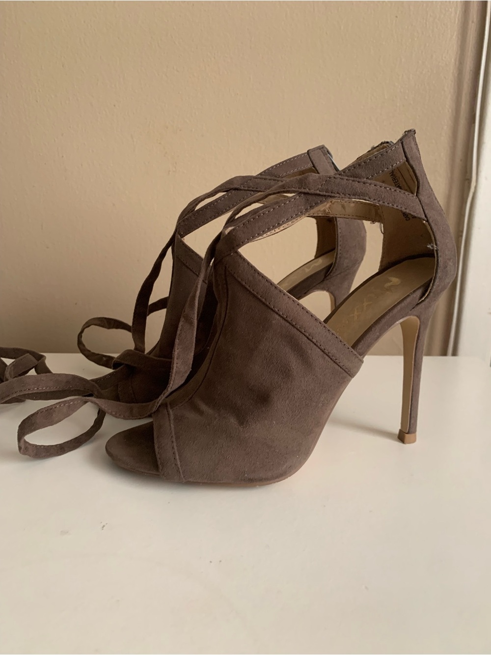 Mauve Suede Lace-Up Peep Toe High Heels